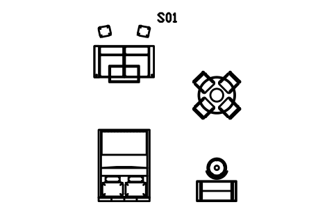 스튜디오 세트, 소파, 침대, 책상과 식사 공간 심볼 미리보기, 블록 CMM_SET_STUDIO