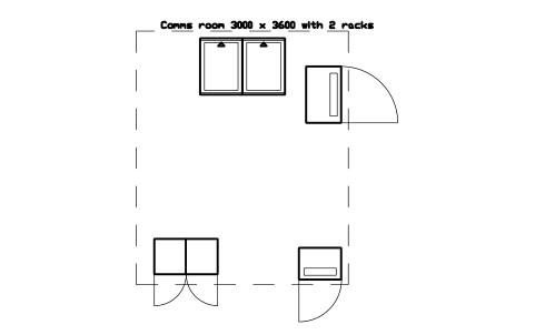 Vorschau des Symbols Comms room 3000 x 3600 with 2 racks, Block DCL_LAYOUT_COMMS_ROOM