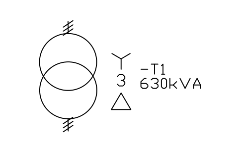Preview of the Transformer bank, 1-phase units, star-delta symbol, block IEC_TRANSFORMER_BANK_STAR_DELTA