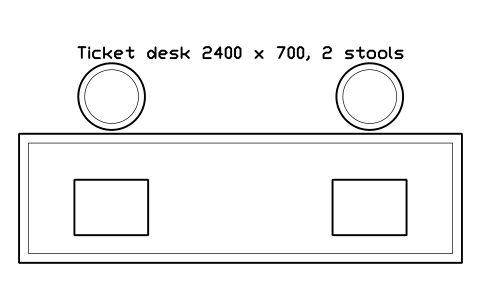 Preview of the Ticket desk 2400 x 700, 2 stools symbol, block GAL_DESK_TICKET