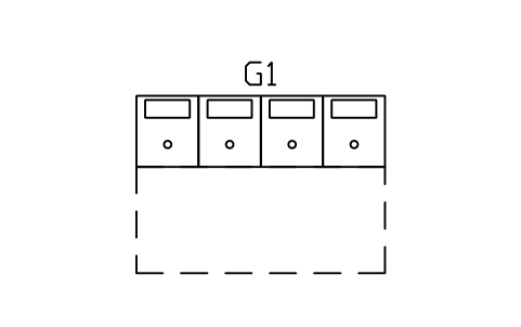 Anteprima del simbolo Fila arcade, 4 cabinati, con corridoio, blocco GMR_LAYOUT_ARCADE_ROW