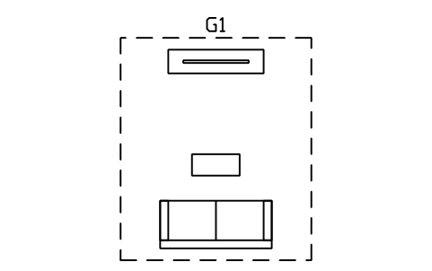 Anteprima del simbolo Salotto con TV e divano 3600 x 4200, blocco GMR_LAYOUT_TVLOUNGE