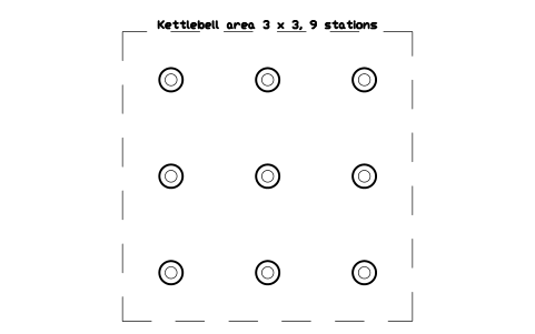 Preview of the Kettlebell area 3 x 3, 9 stations symbol, block GYM_FN_KETTLEBELL_AREA