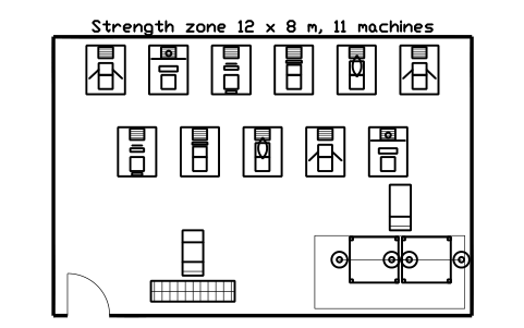Preview of the Strength zone 12 x 8 m, 11 machines symbol, block GYM_LY_STRENGTH_12X8