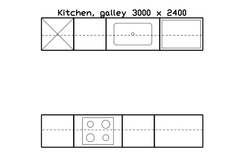 シンボル Kitchen, galley 3000 x 2400 のプレビュー（ブロック KBC_LAYOUT_GALLEY）