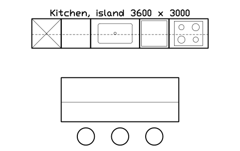 シンボル Kitchen, island 3600 x 3000 のプレビュー（ブロック KBC_LAYOUT_ISLAND）
