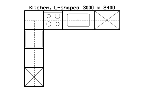 シンボル Kitchen, L-shaped 3000 x 2400 のプレビュー（ブロック KBC_LAYOUT_L）