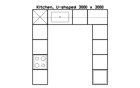 シンボル Kitchen, U-shaped 3000 x 3000 のプレビュー（ブロック KBC_LAYOUT_U）