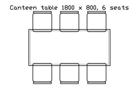 Anteprima del simbolo Canteen table 1800 x 800, 6 seats, blocco OFL_CANTEEN_TABLE_6