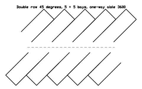 Double row 45 degrees, 5 + 5 bays, one-way aisle 3600 심볼 미리보기, 블록 PKG_DOUBLE_45_5