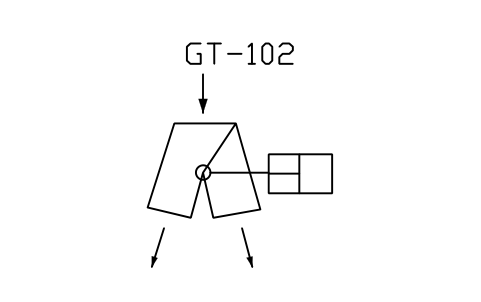 符號 Diverter gate, cylinder operated 的預覽，圖塊名 PPD_X6721_DIVERTER_GATE_CYLINDER