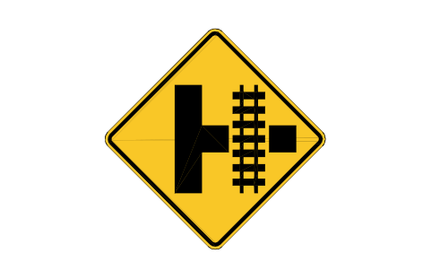 Preview of the W10-3R Side road + rail, R symbol, block RSW_W10_3R
