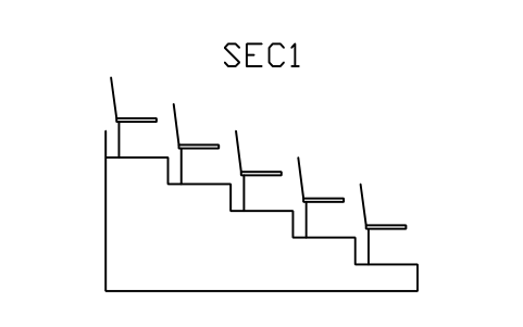 Vorschau des Symbols Tribünenschnitt, Steigung 300, Auftritt 700, 5 Reihen, Block STA_SEC_R300_G700