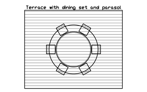 Preview of the Terrace with dining set and parasol symbol, block POL_LAYOUT_TERRACE_DINE