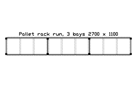 Preview of the Pallet rack run, 3 bays 2700 x 1100 symbol, block WHL_RACK_RUN_3