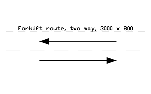 Preview of the Forklift route, two way, 3000 x 800 symbol, block WHL_ROUTE_TWOWAY