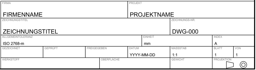 Maschinenbau-Schriftfeld mit Beschriftung auf Deutsch